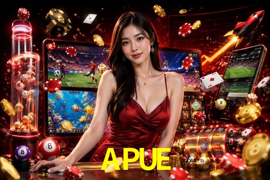 Una escena digital vívida inspirada en casino con APUE mostrado prominentemente, luces brillantes, fichas, cartas y acentos dorados.