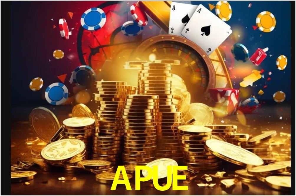Escena dinámica inspirada en casino con iluminación APUE, cartas, fichas e íconos de juegos digitales en un espacio moderno de juegos.