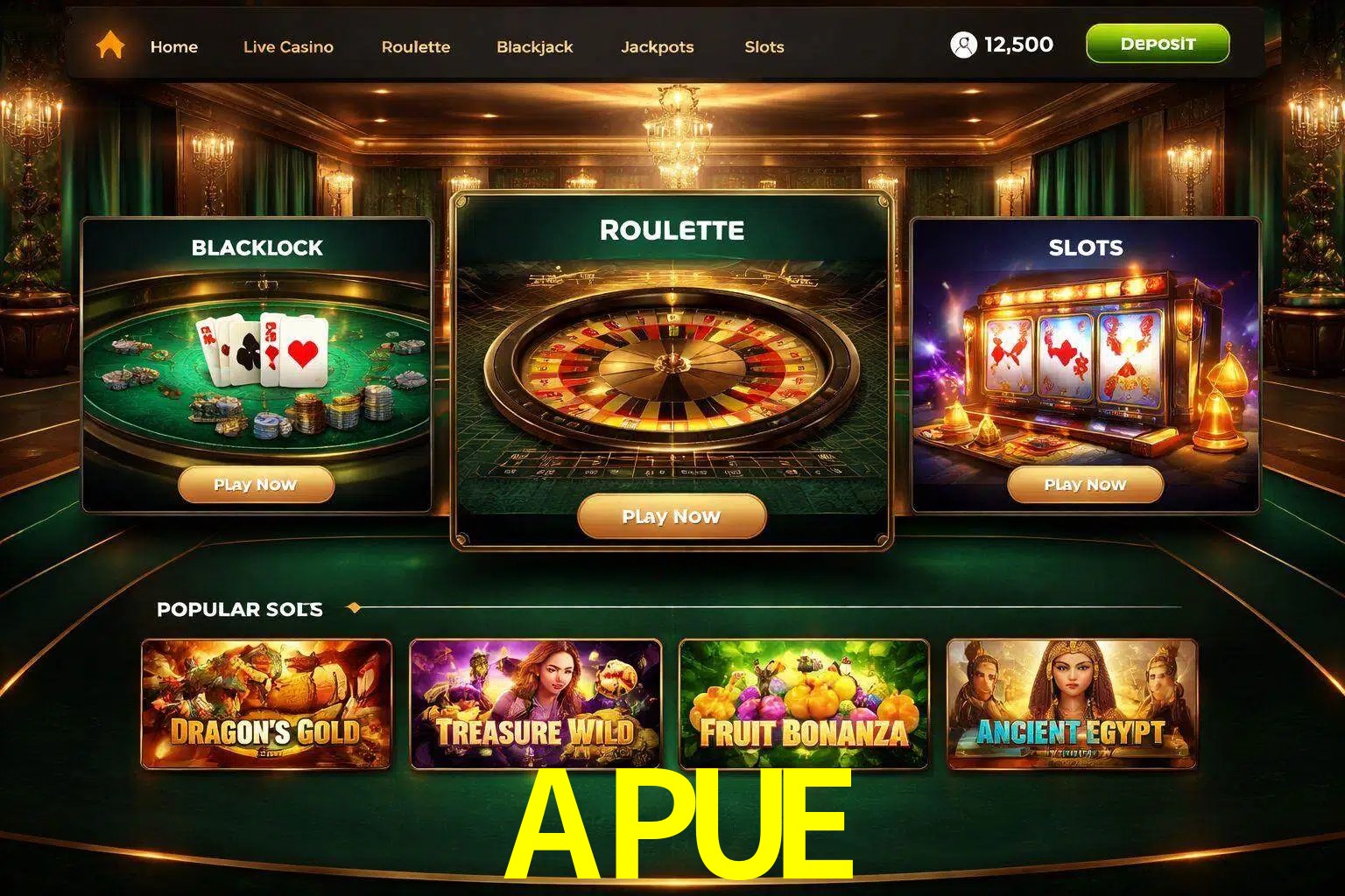 Vista de la plataforma APUE Casino mostrando categorías organizadas de juegos en línea