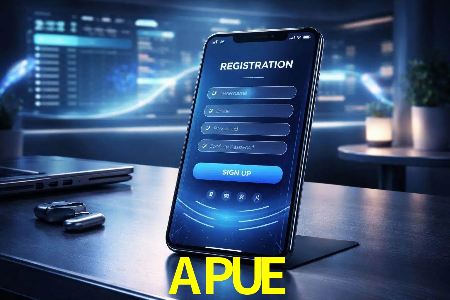 Una interfaz moderna de registro móvil para APUE mostrada en un smartphone con un panel de apuestas elegante.